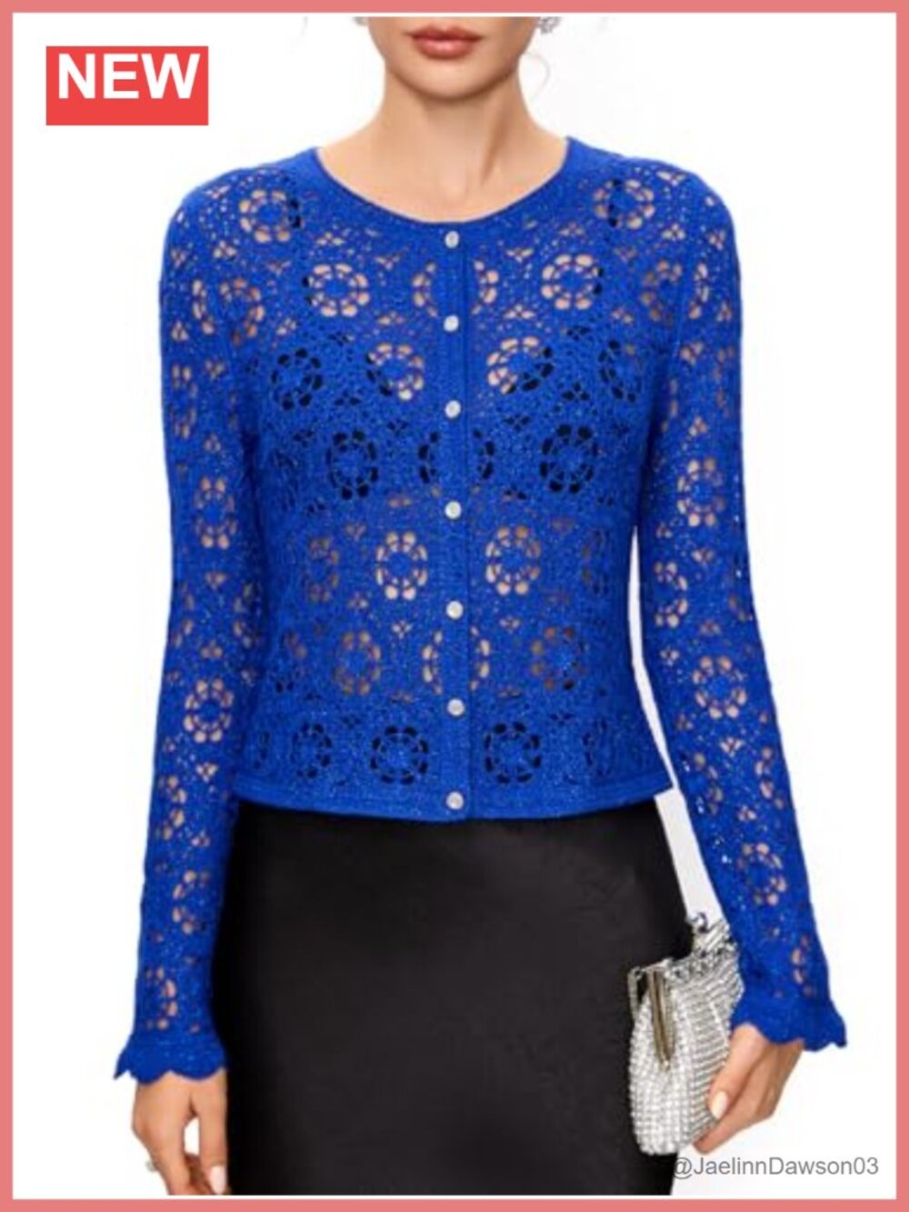 Wool Blend Crochet Cardigan Sweater with Golden Threads